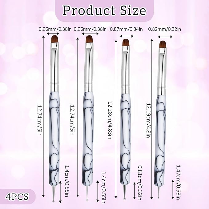 4pcs French Gel Nail Art Brush Acrylic Two Way Nail Art Brush with Dotting Professional Manicure Tool for Manicure Cuticle Clean up Detailed Designs Nails Dotting Pen (10#, 12#, 14#, 16#)