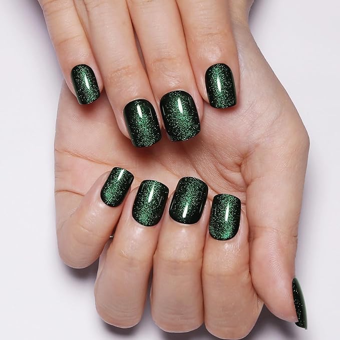 Crystal Spirit Green Press on Nails Short Square, Cat Eye Press on Nails, Fashion Gel Fake Nails, Reusable Acrylic Fake Nails, Glossy Stick on Nails, Thick Reusable Glue On Nails for Women