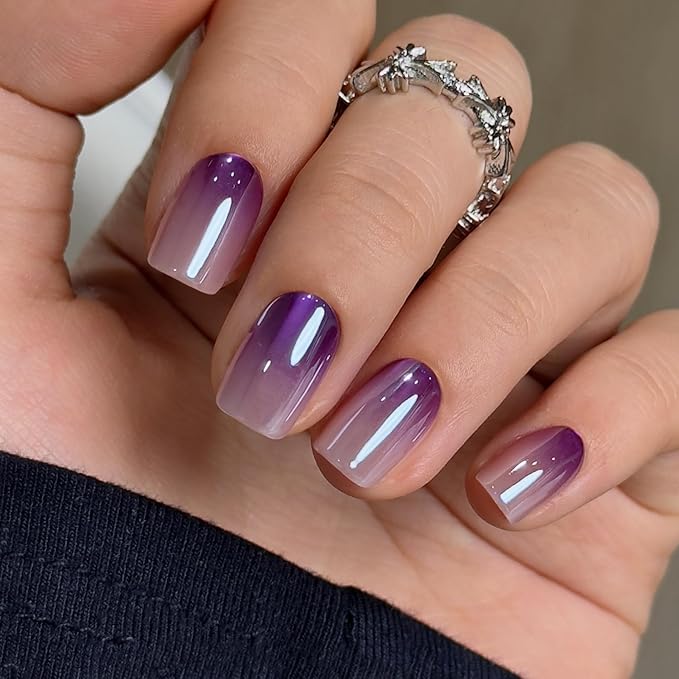 CurvLife Press On Nails Short Square – Purple Ombre Fake Nails, Reusable Soft Gel Glue On Nails with Adhesive Tabs, Natural Fit, Salon Quality for Women