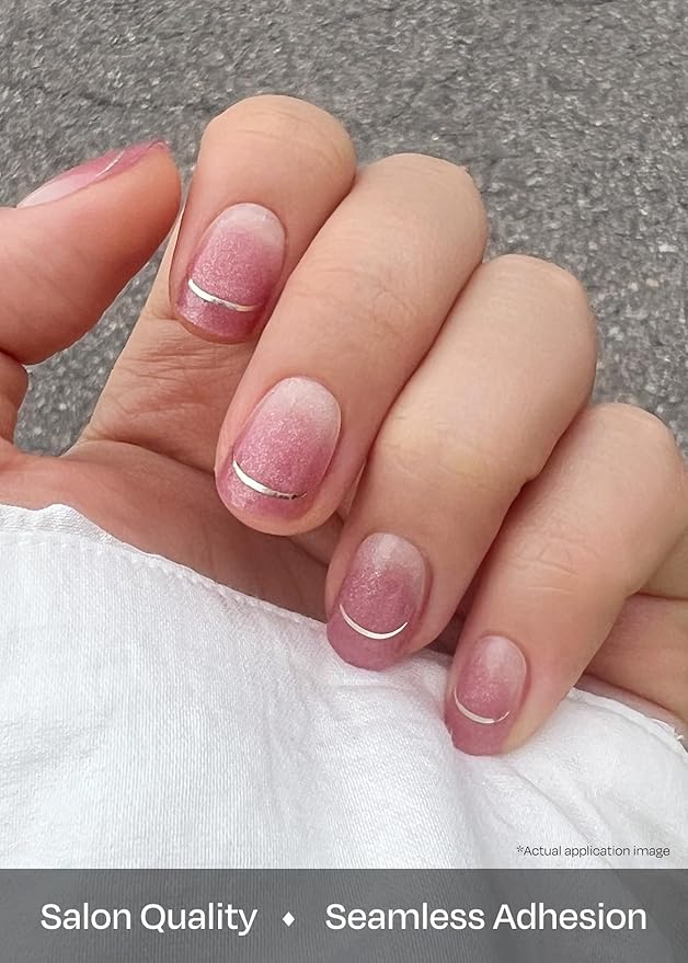 ohora Semi Cured Gel Nail Strips (N Mute Line) - Pink, French, Ombre, Works with Any UV/LED Lamps, Salon-Quality, Long Lasting, Easy to Apply & Remove - Includes 2 Prep Pads, Nail File & Wooden Stick