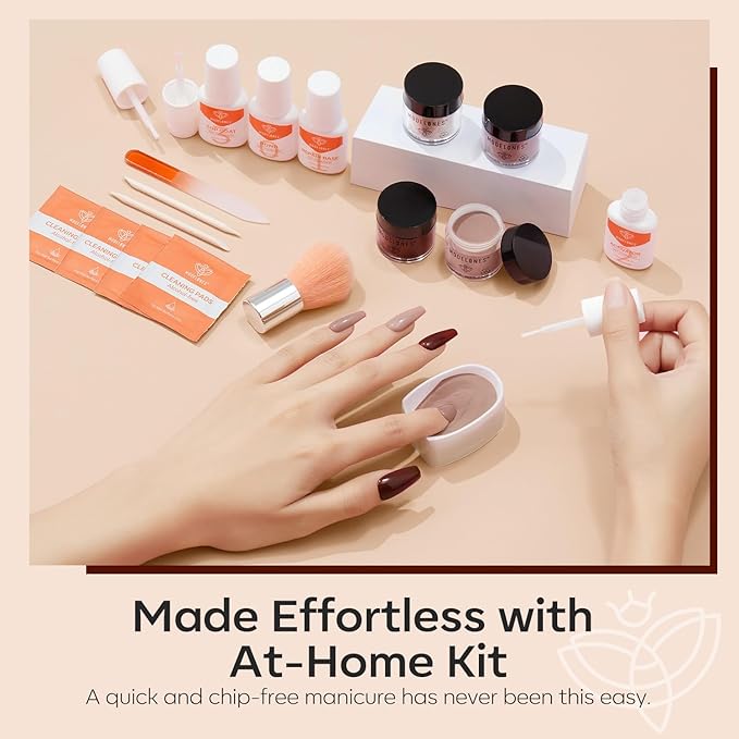 Modelones Dip Powder Nail Kit, 4 Colors Brown Glitter Dipping Starter Set with Liquid and Complete Accessories for French Nails Art Salon DIY at Home Manicure