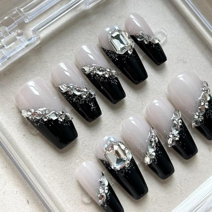 Handmade 3D Medium Coffin Press On Nails, French Black Gel Fake Nails, Long Lasting Reusable False Nails for Women, Easy Application Salon Manicure Designs (10 Pieces）- Size L