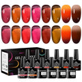 12Pcs Jelly Gel Polish Set Crytal Orange Burgundy Red Transparent Amber Gel, Brown Color Changing Gel Nail Polish Set Fall Winter Manicure Kit 8 Colors