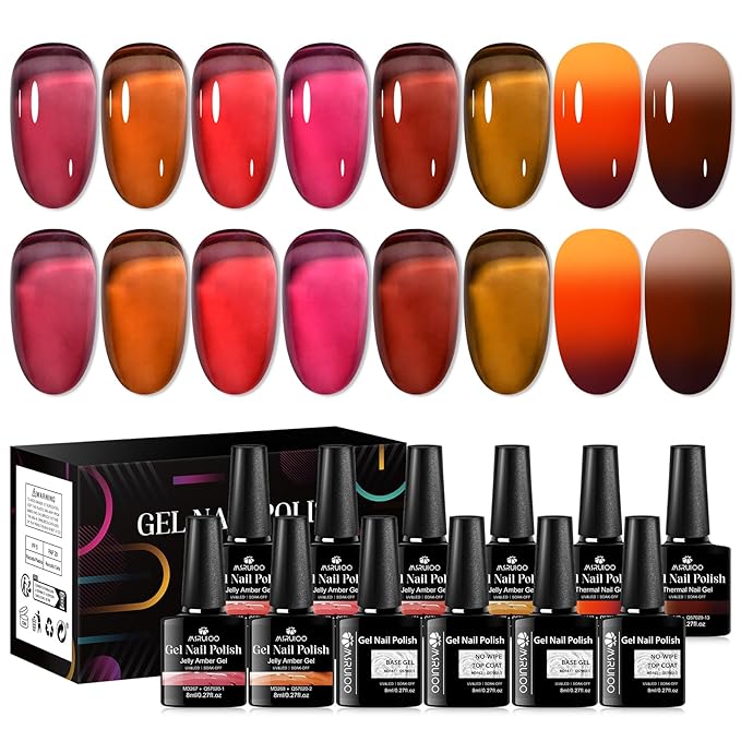 12Pcs Jelly Gel Polish Set Crytal Orange Burgundy Red Transparent Amber Gel, Brown Color Changing Gel Nail Polish Set Fall Winter Manicure Kit 8 Colors