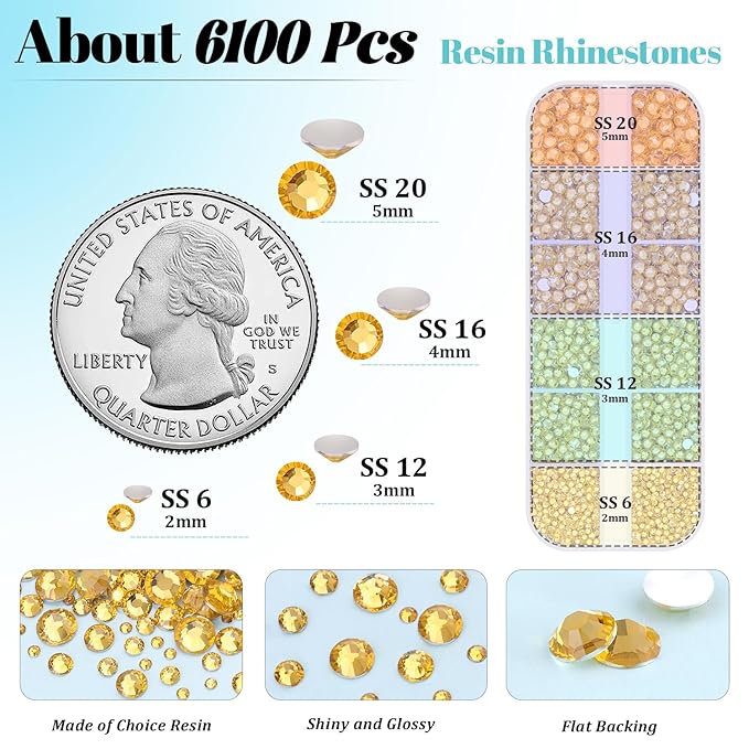 6100Pcs Resin Rhinestones for Bedazzling with 2Pcs 10ml B7000 Jewelry Glue, 1 Box Flatback Crystals Diamond (Golden Yellow) for Crafting Crafts, Gems for Clothing Shoes Tumblers Nail Art