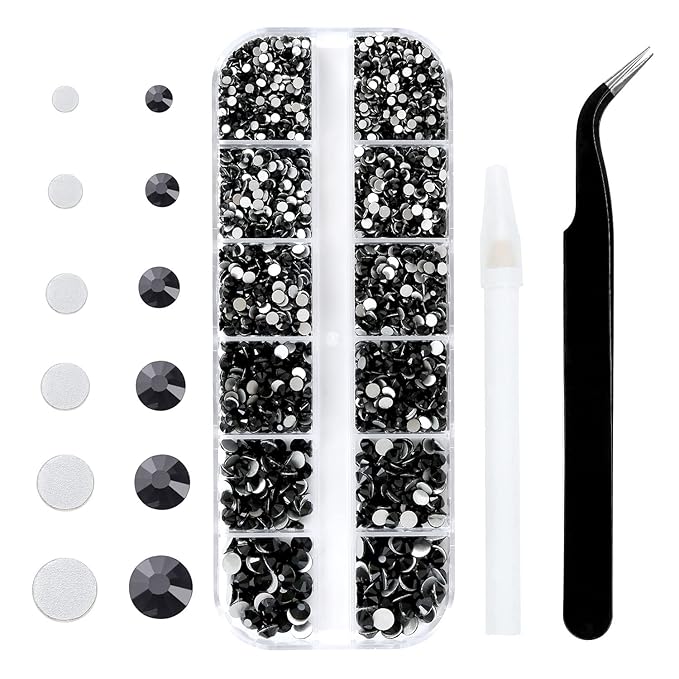 4240Pcs Flatback Black Rhinestones Glass Crystal Gemstones for Nail Art Eye Jewels Makeup Round with Tweezers and Picking Pen (SS6~SS20 Set)