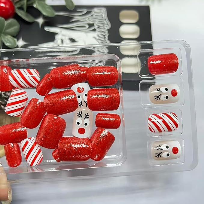 Christmas Press on Nails Short Square Fake Nails with Cute Elk Designs Red Glitter Xmas False Nail Winter Acrylic Stick on Nail for Women 24 Pcs