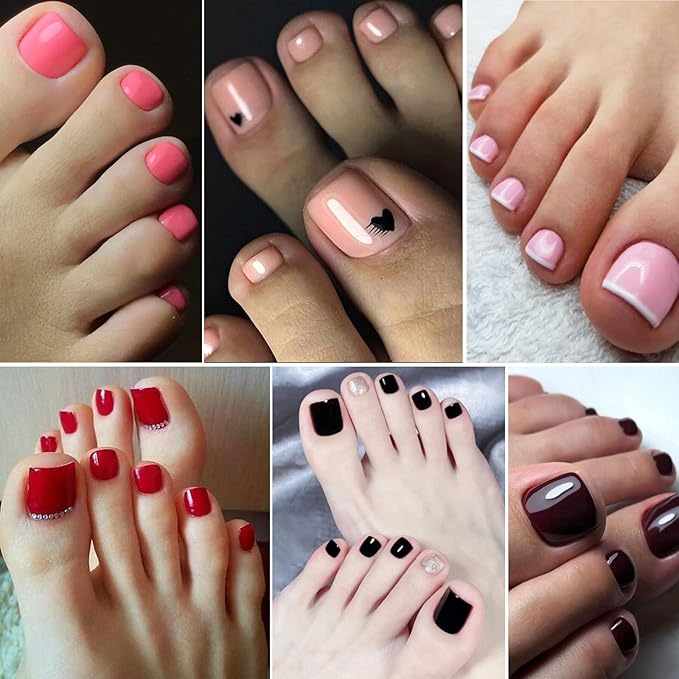 LoveOurHome Colored Press on Toenails Short Square Fake Toe Nails Tips Glossy Full Cover Artificial False Toenail French Pedicure Decor 24 Colors for Women Teen Girls