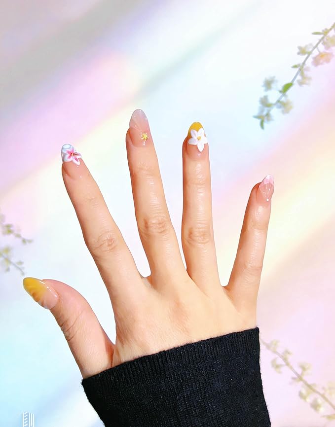 10Pcs Short Almond Handmade Press On Nails | Nude Pink & Yellow Ombre with 3D Seashell, Flower & Starfish Decor | Reusable Salon-Quality Fake Nails for Women and Girls (25902, M)