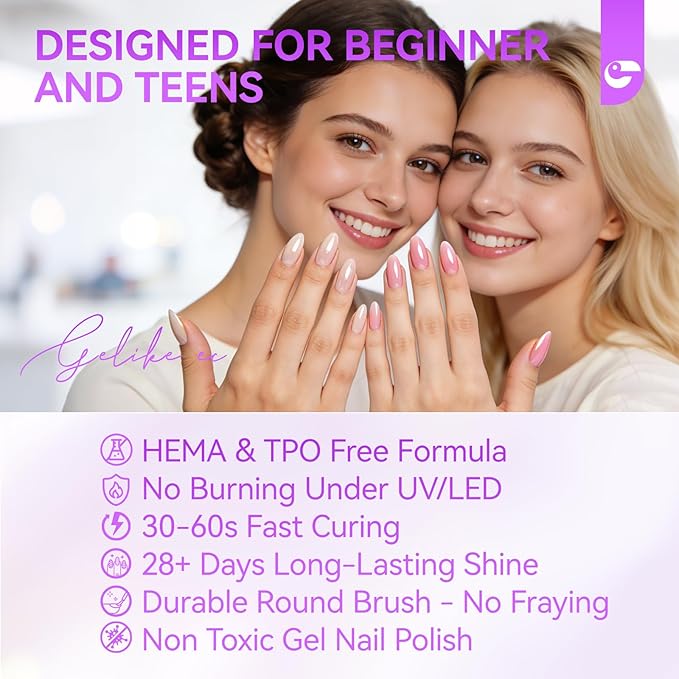 gelike ec Jelly Color Gel Polish: Nail Starter Kit with 10 Gel Colors & Base Gel Top Coat - need UV LED Lamp Cure Smooth Easy Used on Natural & Acrylic Nails at Home for Beginner and Teens