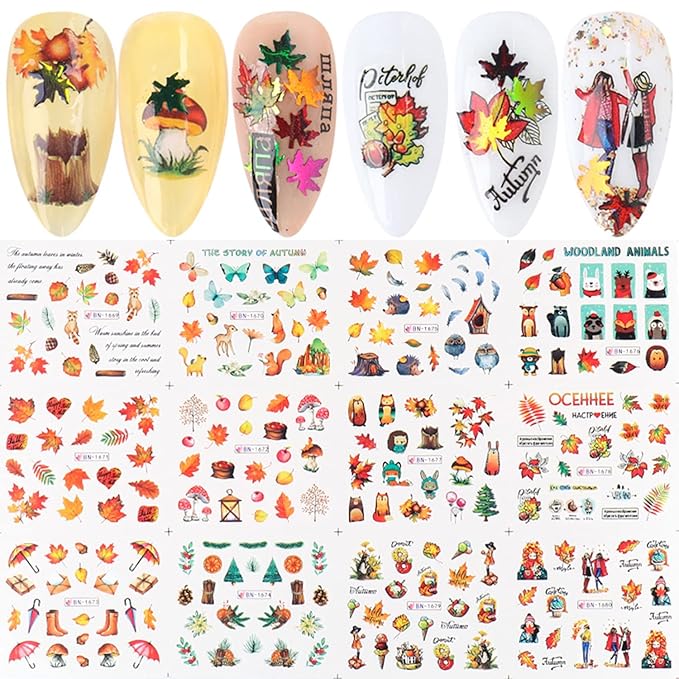24 Sheets Fall Nail Art Decals, Holographic Autumn Leaf Water Transfer Decal Design, Maple Leaf Little Animals Nail Art Sticker for Women Girls Manicure Charms Decorations, Thanksgiving Nail Sticker
