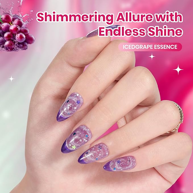 Beetles Iced Grape Essence Purple Cat Eye Gel Nail Polish - 9ML Glitter Purple Cat Eye Spring Gel Polish Magnetic Shimmer Effect Soak Off UV Nail Art Design Salon DIY Manicure Gift for Women