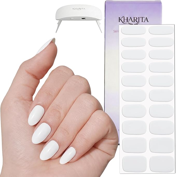 Semi Cured Gel Nail Strips – Real Gel Nail Polish Wraps for Brittle Nails | Waterproof Long Lasting Easy Peel-Off Removal | Hema-Free | 20-Piece Solid White Salon Sticker Kit with UV Lamps