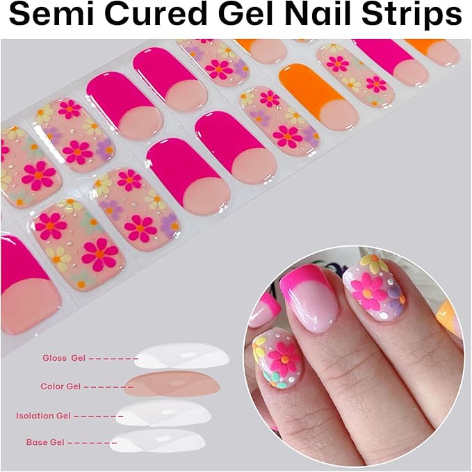 Semi Cured Gel Nail Strips,Red French Tip Nails Stickers with High Gloss and Glitter Design for Women,60S UV Light Curing Manicure,Long Lasting, Arts at Home(Colorful Daisy French)