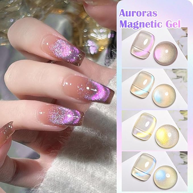 MEET ACROSS 12 Pcs Cat Eye Gel Nail Polish Set, Blue Tears Auroras Magnetic Gel Polish, Blue Pink Yellow Purple Glassy Glitter Holographic Nail Polish with Base Top Gel for Nail Art Manicure Salon DIY