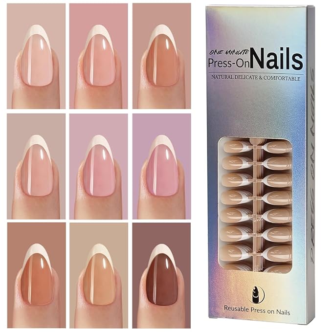 White French Tips Press on Nails Pack,Short Almond Fake Nails Press ons in 9 Different Base Color,Full Cover Stick on Nails for Women Manicure,12 Sizes | Reusable | Glue Tabs | Easy Apply | 216Pcs