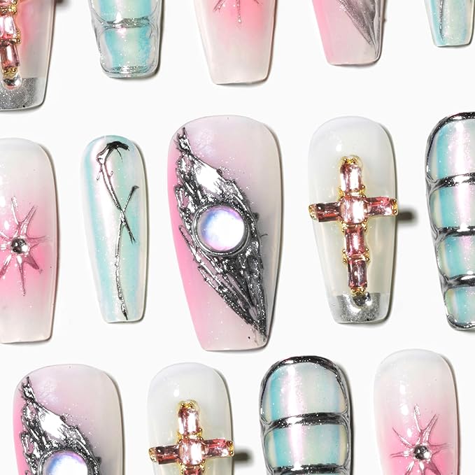 Sun&Beam Nails Handmade Press-on Medium Long Coffin Ballerina Pink Sliver Aurora Rhinestone Y2K Design False Nail Tips 10 Pcs (#137 M)