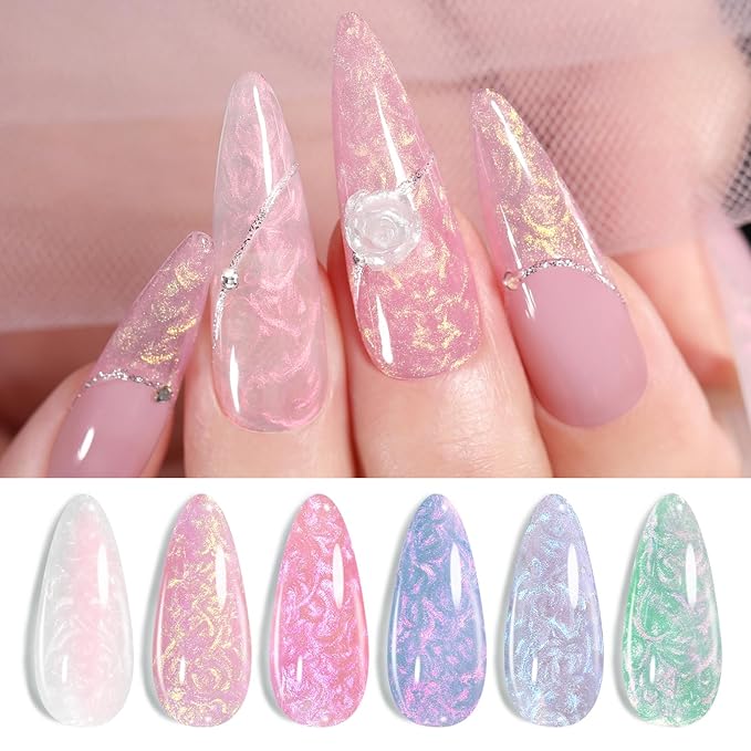 Born Pretty 6 Colors Pearl Gel Nail Polish Set,Aurora Iridescent Shimmer White Pink Purple Mermaid Glitter Gel Polish Shell Swirl Thread Effect Glitter Silk Soak Off U V LED Gift for Women & Girls