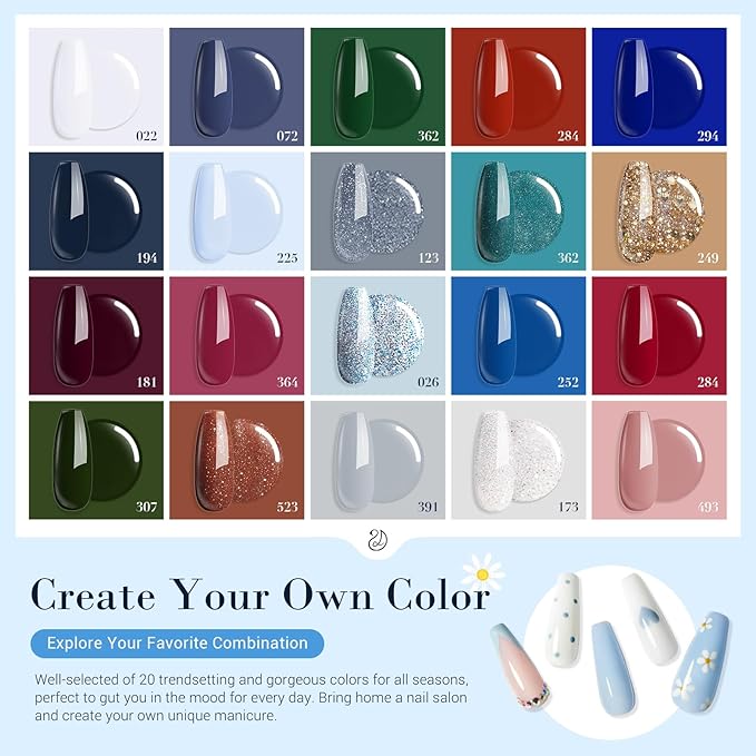 AZUREBEAUTY Dip Powder Nail Kit Starter Summer Blue Red Green Glitter 31 Pcs 20 Colors Dipping Powder Liquid Set with Top/Base Coat Activator for French Nails Art DIY Salon Gift