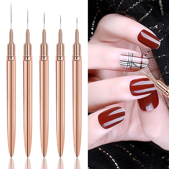 WOKOTO 5 Pcs Gold Nail Art Liner Brushes Painting Nail Art Brush Set Nail Dotting Drawing Tool For Long Lines Thin Details Fine Drawing Sizes 5/8/12/15/20mm Liner Brushes With Metal Penholder