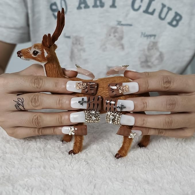 Duck Shaped Press on Nails Medium Handmade Fake Nails - French Tip Tiger Stripe Design with 3D Rhinestones Bow Charms Milk White Base False Nails (Diamond Tiger Pattern,M)
