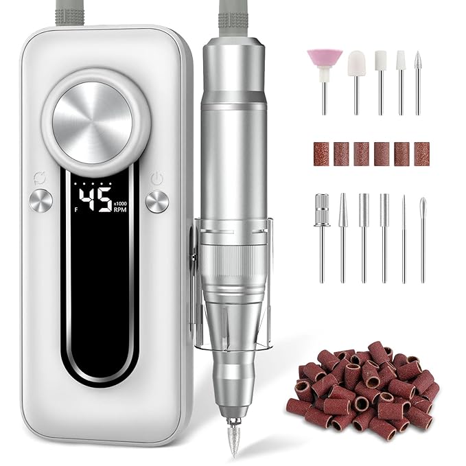 Nail Drill Electric Nail File Kit 45000 RPM Professional Efile Nail Set,Cordless Portable Rechargeable Acrylic Gel Nail Polish Remover Machine Pedicure Manicure Tool for Salon Home White