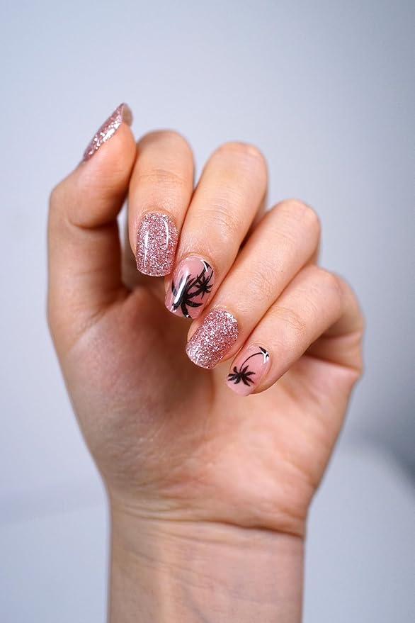 Semi Cured Gel Nail Strips, 20Pcs Long Lasting Salon Quality Wraps, Easy Apply & Remove Gel Nail Stickers with UV Light (Sunkissed Fronds Pink)