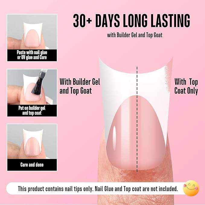 NOVO OVO Extra Thick Duck Nails Short with Moon Curve Light White French Tips BABY PINK Full Cover for Press on Acrylic, Flare Wide French Soft Gel Fake False Nail Extension x 15 Sizes 240 pcs