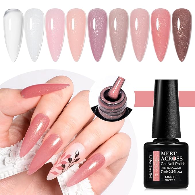 MEET ACROSS Rubber Gel Base Coat for Nails, 12Pcs Jelly Rubber Base Gel Polish for Nails Shiny Nude Sheer White Pink Long Lasting Protect Soak Off U V LED Builder Gel For Thin Weak Nails