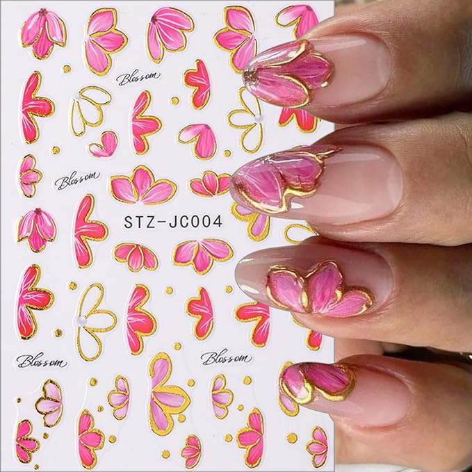 Stickers para Uñas Nail Stickers Self-Adhesive Sticker Gold Pink 3D Wild Flower Calcomanías para Uñas Gold Floral Art Design Accessories Hight Quality 4 Sheets