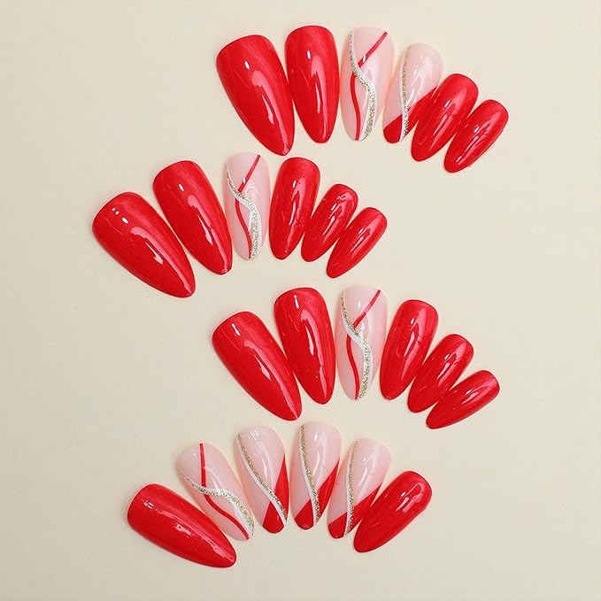 Red Press on Nails Medium Almond Fake Nails with Designs Gold Glitter Line False Nails Press ons Glossy Full Cover Glue on Nail Cute Acrylic Artificial Stick on Nail for Women Manicure 24Pcs