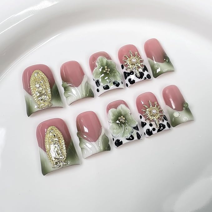 Handmade Press on Nails Short Duck Shaped Fake Nails Green White Gradient Stick on Nail Luxury 3D Flowers False Nails Designs French Tip Thick and Muti-Layer Gel Acrylic Nail for Women（S)