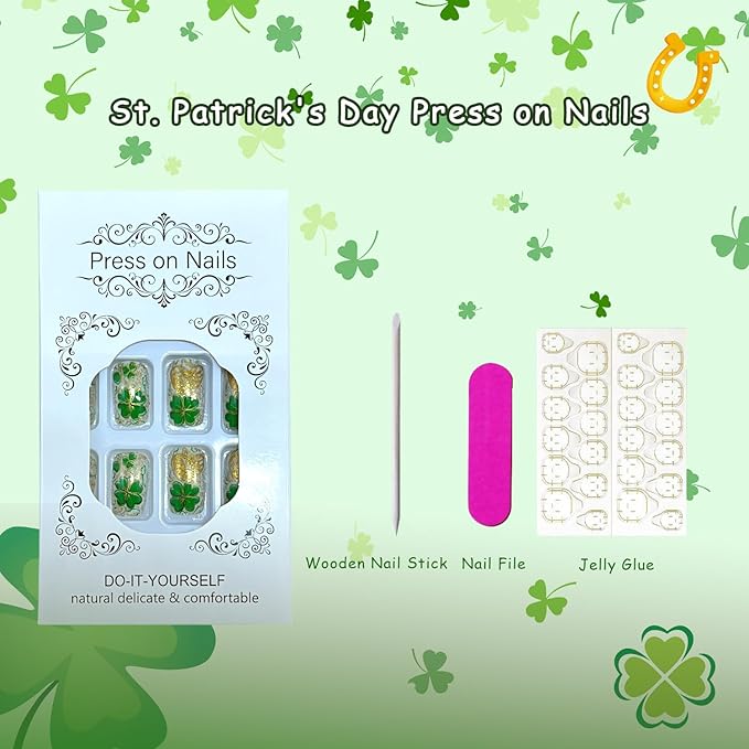 24Pcs St. Patrick's Day Press on Nails Medium Square Fake Nails Shamrock False Nail Gold Glitter Design Spring Artificial Fingernails Lucky Four-Leaf Clover Stick on Nail for Women