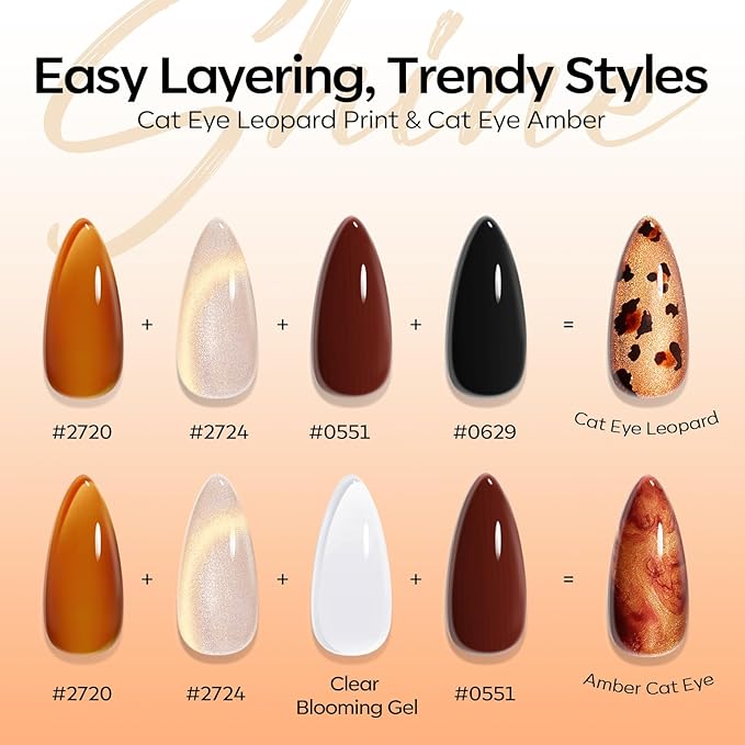 modelones Gel Nail Polish Set, 6 Colors Clear Blooming Nude Gold Glitter Cat Eye Gel Polish Amber Brown Jelly Maroon Black Nail Polish 2026 Leopard-Print Theme with Magnet & Liner Pen LED Mani Kit