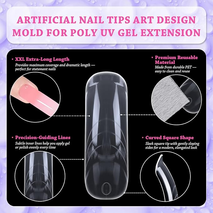outopen 150pcs Long Curved Coffin Nail Forms Thicken Clear Coffin Shape Nail Mold for Polygel Acrylic Extension Full Cover Fake Press On Nail Molds for Beginners DIY Manicure,15 Sizes