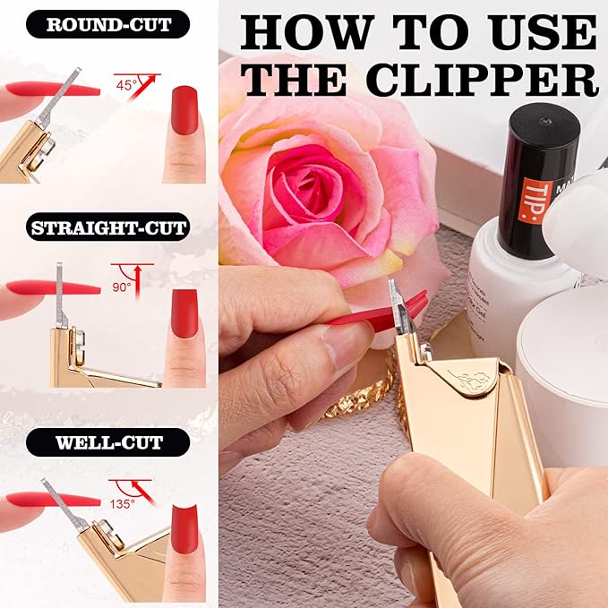 Belleboost Gold Premium Adjustable Nail Clippers for Acrylic Nails, Professional Stainless Steel Fake False Nail Tip Clipper Cutter Trimmer, Sharp Blade Manicure Tool for Salon Home DIY Nail Art