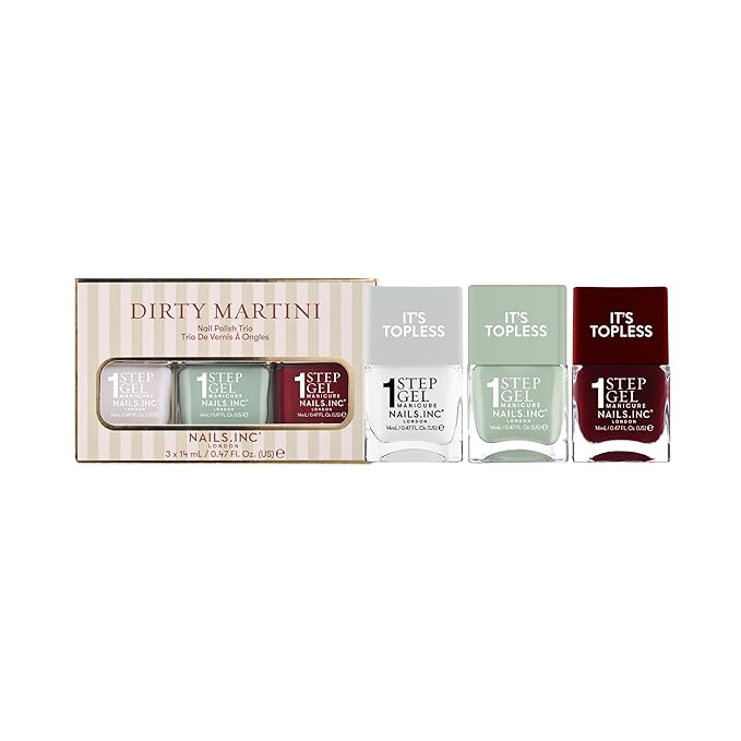 Nails Inc It's Topless Gel-Like Dirty Martini Nail Polish Trio, 4-in-1 Base Coat, Treatment, Color & Top Coat, Long Lasting, Strong, Chip Free, Glossy Salon Quality Manicure, Air Dry, 3 Piece Set