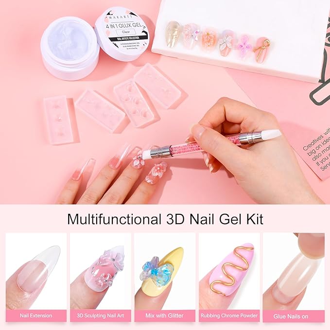 Makartt 3D Gel Nail Art: Clear Sculpting Gel Non-Sticky Hand Carving Glue Extension No Wipe Chrome Nail Powder Molding Gels Solid UV LED Soak Off Gels Nail Art DIY Salon Home