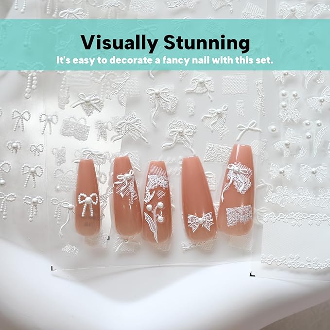 White Bow Ribbon Nail Art Stickers Pearl Lace Rhinestones Embossed Nail Decals for Nail Art Design Self-Adhesive Nail Accessories for Women Nail Art Supplies 3 Sheets