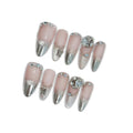 French Silver-Tip Press on Nails with Tools Kit, Long Stiletto Glossy Nails in Nude, False Nails with 3D Crystal Vintage Design, Reusable Nails in Old Hollywood Glam for Women(Size S)