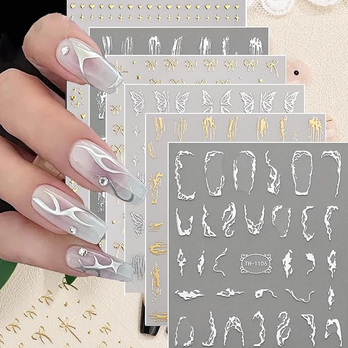 9 Sheets Gold Silver Nail Art Stickers 3D Laser Silver Stripe Line Nail Decals Self-Adhesive Metallic Butterflies Love Stars Gold Nail Stickers for Wome Girls French Nail DIY Decoration Accessories