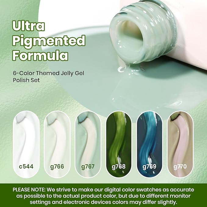 Beetles Forest Veil Jelly Gel Nail Polish Set - 6 Colors St Patricks Day Gel Polish Kit Milky White Olive Sage Green Deep Teal Warm Khaki Sheer Translucent Soak Off UV DIY Manicure Gift for Women