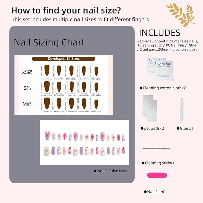 30Pcs 3D Floral Press On Nails | Pink & Purple Flower Design | Reusable Fake Nails Set Easy Application Manicure Set for Work, Party & Daily Use, Perfect for Women and Students
