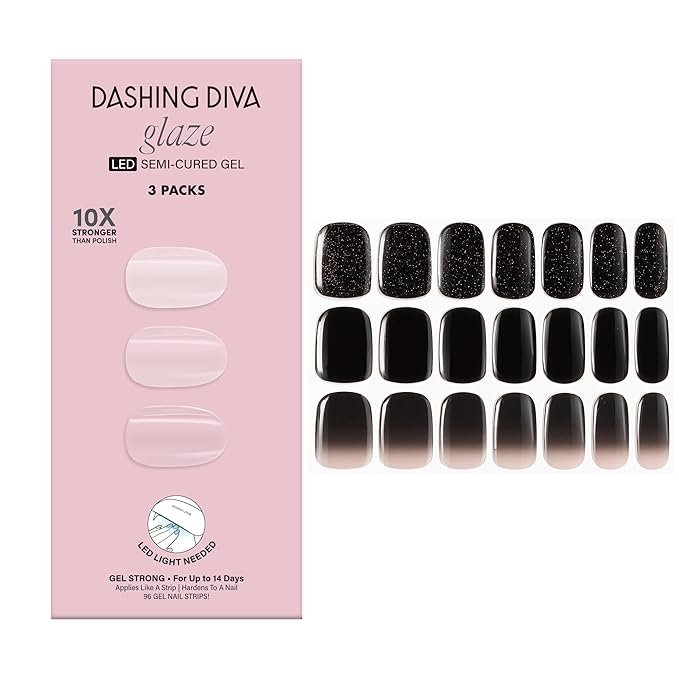 Dashing Diva Glaze Nail Strip 3-in-1 Kit - Best of Noirs - Long Lasting, Chip Resistant, Semi-Cured Gel Nail Strips - Contains 96 strips, 3 prep pads, 3 manicure sticks, 1 nail file