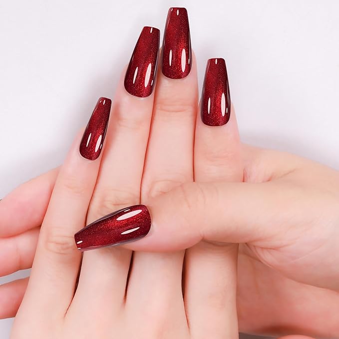24 Pieces Handmade Red Cat Eye Press On Nails Long Coffin Fake Nails Handmade with Toughened Sealer High Texture High Gloss Fake Nails