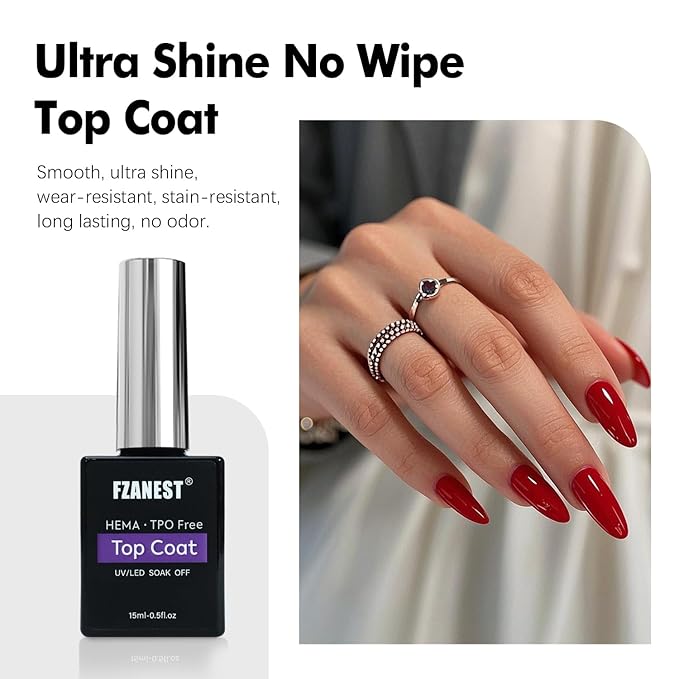 FZANEST Builder Nail Gel and Top Coat, 15ml * 2Pcs Hema & TPO-Free Builder Gel Nail Kit Strengthen Extension No Wipe Ultra Shine Top Coat Nail Polish Soak Off UV Led