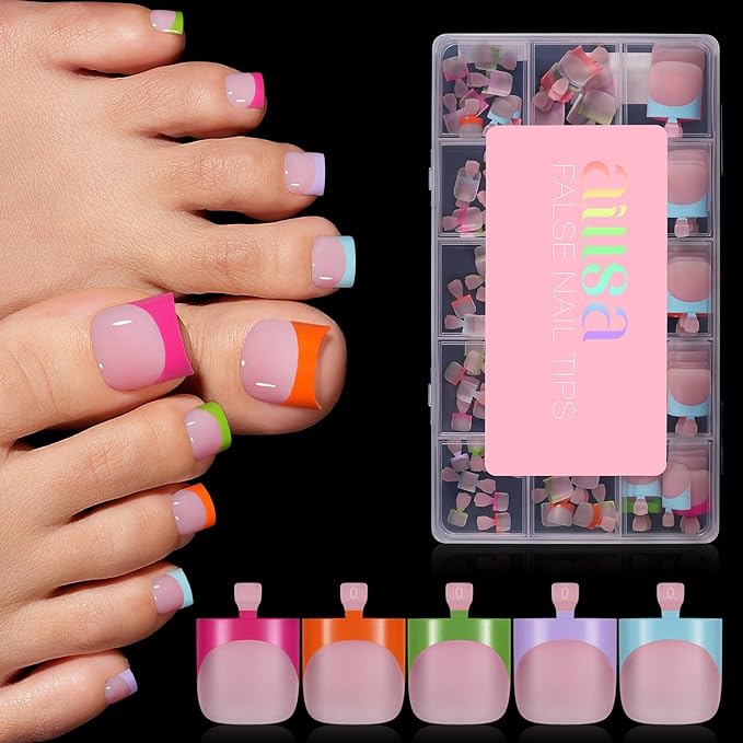 AILLSA French Tip Toe Nail Press Ons 150Pcs 15 Sizes, 5 Mixed Colors Sharp Square Berry Pink Toenail Extensions, Acrylic Toe Nail Tips for Home DIY Pedicure