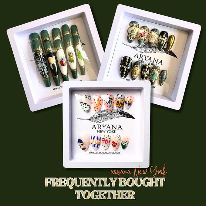 ARYANA NEW YORK Press On Nails Coffin - Handmade, Reusable, Luxury Long Coffin Nails 10 Pcs Handmade Nail Set, Oddities Beetles Collection - (Small)