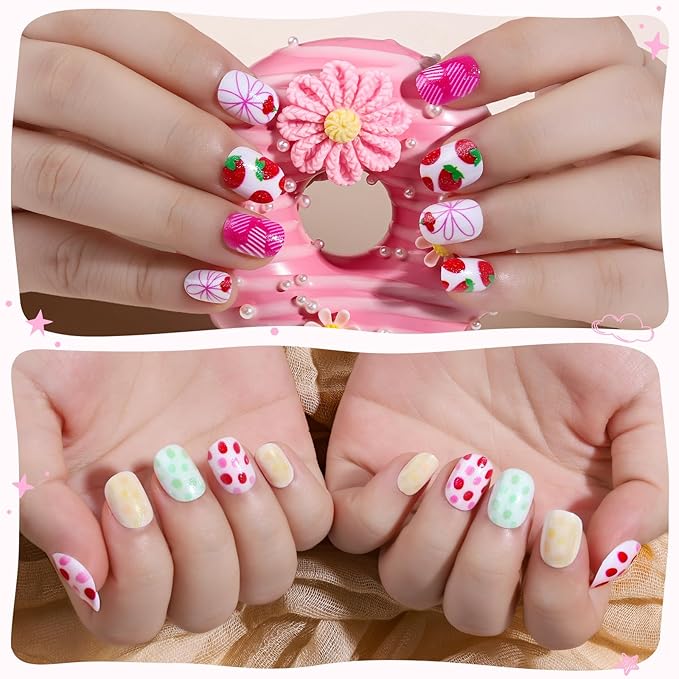 Teenitor 216pcs Press on Nails for Girls, 9 Colors 10 Sizes Press On Nails for Kids Fake Nails Little Girl Nails, Short Acrylic Nails with Nail Adhesive Tabs, Nail File Buffer