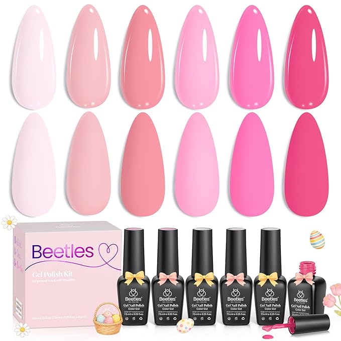 Beetles Spring Gel Polish Set - Pink Melody 6 Colors Gel Polish Set, Nude Light Baby Hot Pink Colors Spring Nails, Salon Long Lasting Soak Off UV LED Easter Nails Lamp Gifts for Her